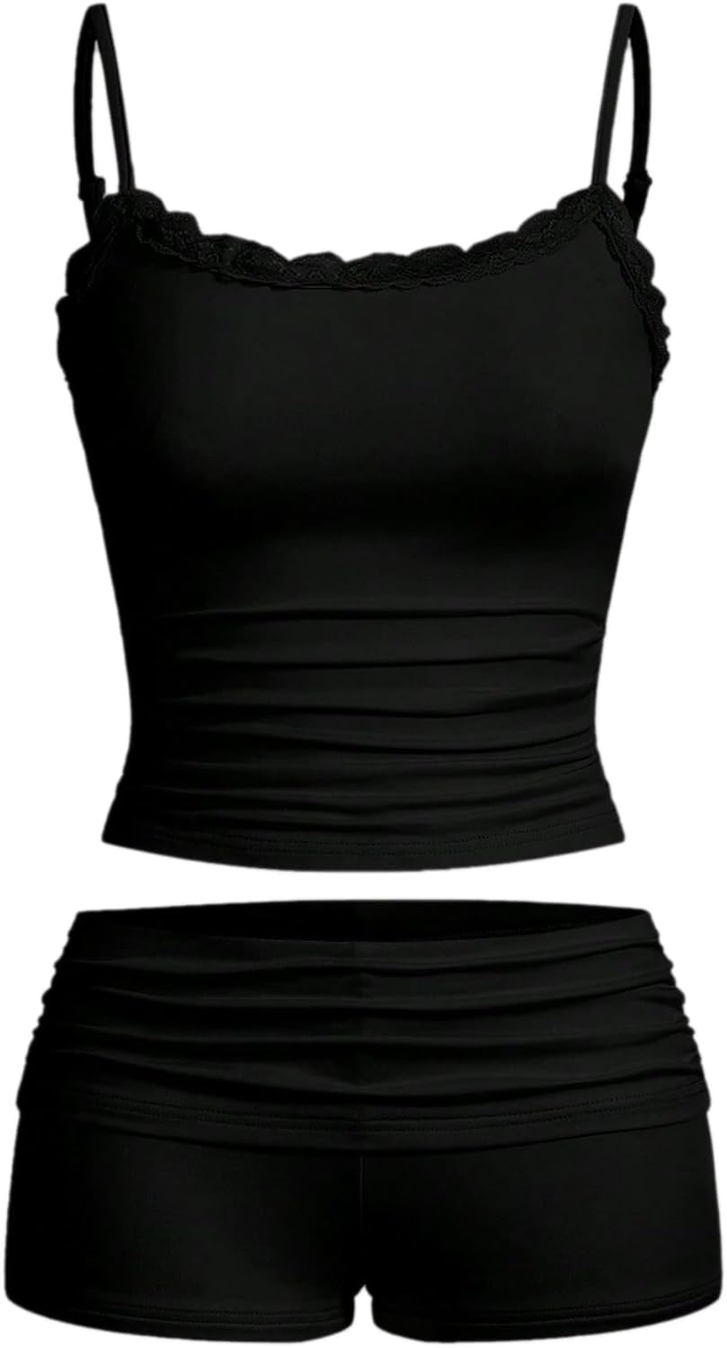 Hilinker Womens Sexy Pajama Set Ruched Lace Trim Cami and Shorts Summer Cute Pjs 2 Piece