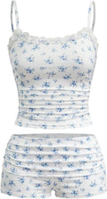 Hilinker Womens Sexy Pajama Set Ruched Lace Trim Cami and Shorts Summer Cute Pjs 2 Piece