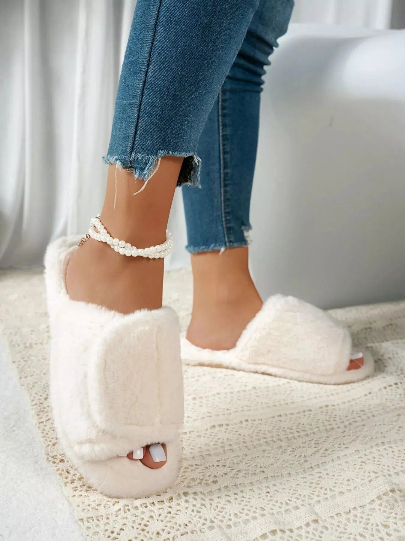 Fuzzy Open Toe Flats Slippers