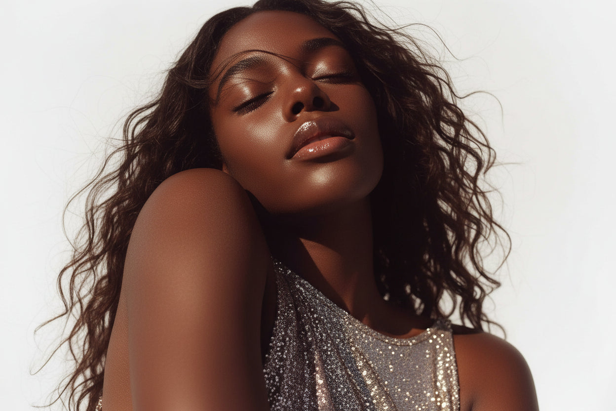 Woman with closed eyes wearing a silver sequin dress against a white background